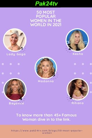 Kesha
RihanaBeyonc�
To know more than 45+ Famous
Woman dive in to the link.
50 MOST
POPULAR
WOMEN IN THE
WORLD IN 2021
https://www.pak24tv.com/blogs/50-most-popular-
women
Lady Gaga
Madonna
1 2
5
3
4
 