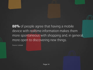 Page 14
88% of people agree that having a mobile
device with realtime information makes them
more spontaneous with shopping and, in general,
more open to discovering new things.
Source: Latitude
 