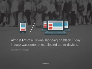 Almost 1/4 of all online shopping on Black Friday
in 2012 was done on mobile and tablet devices.
Source: Internet Trends 2013
/
Page 27
 