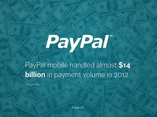 Page 33
PayPal mobile handled almost $14
billion in payment volume in 2012.
Source: eBay
 
