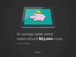 Page 39
An average tablet owner
makes around $63,000 a year.
Source: Internet Retailer
 