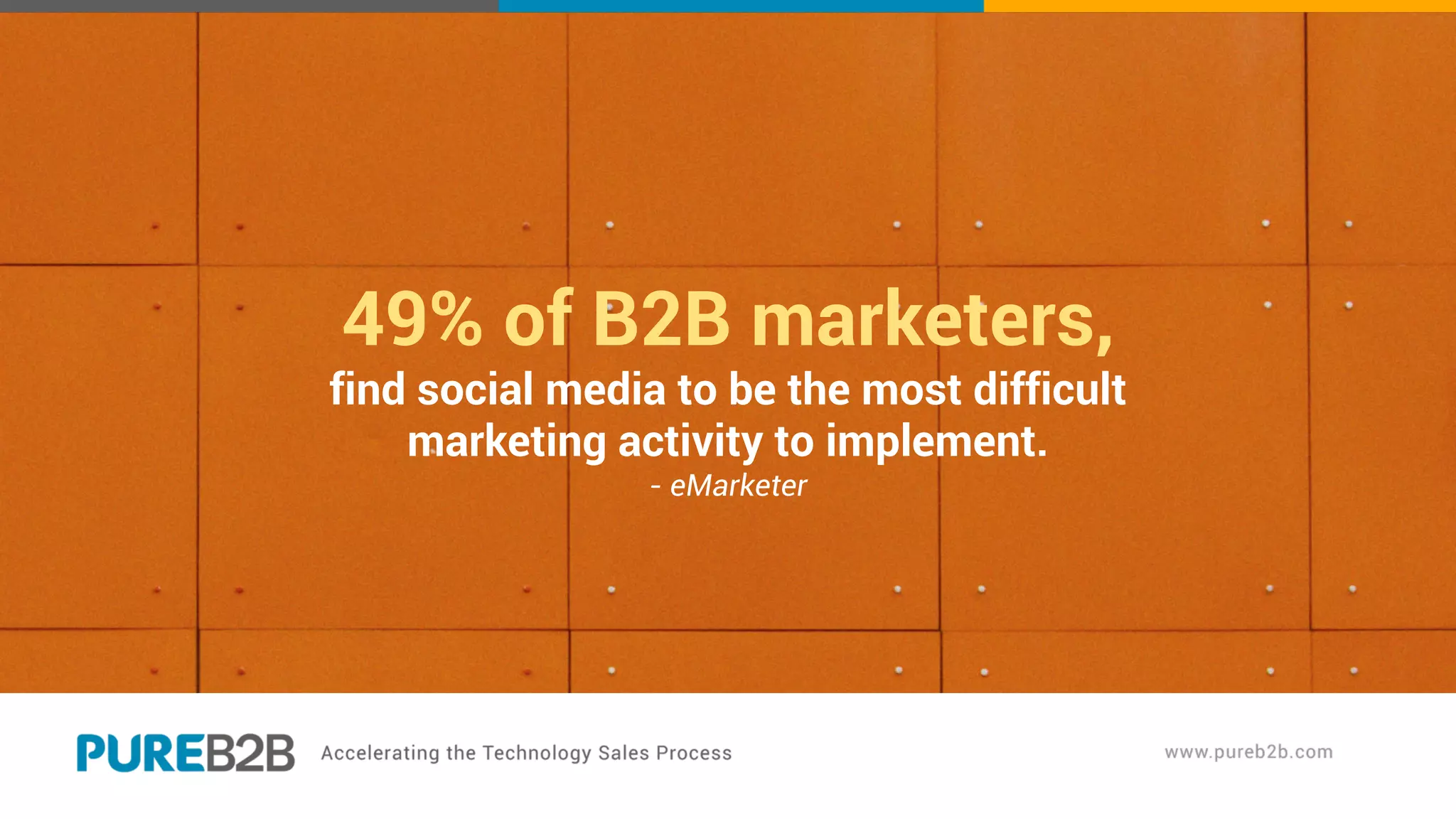 49% of B2B marketers,
find social media to be the most difficult
marketing activity to implement.
- eMarketer
 