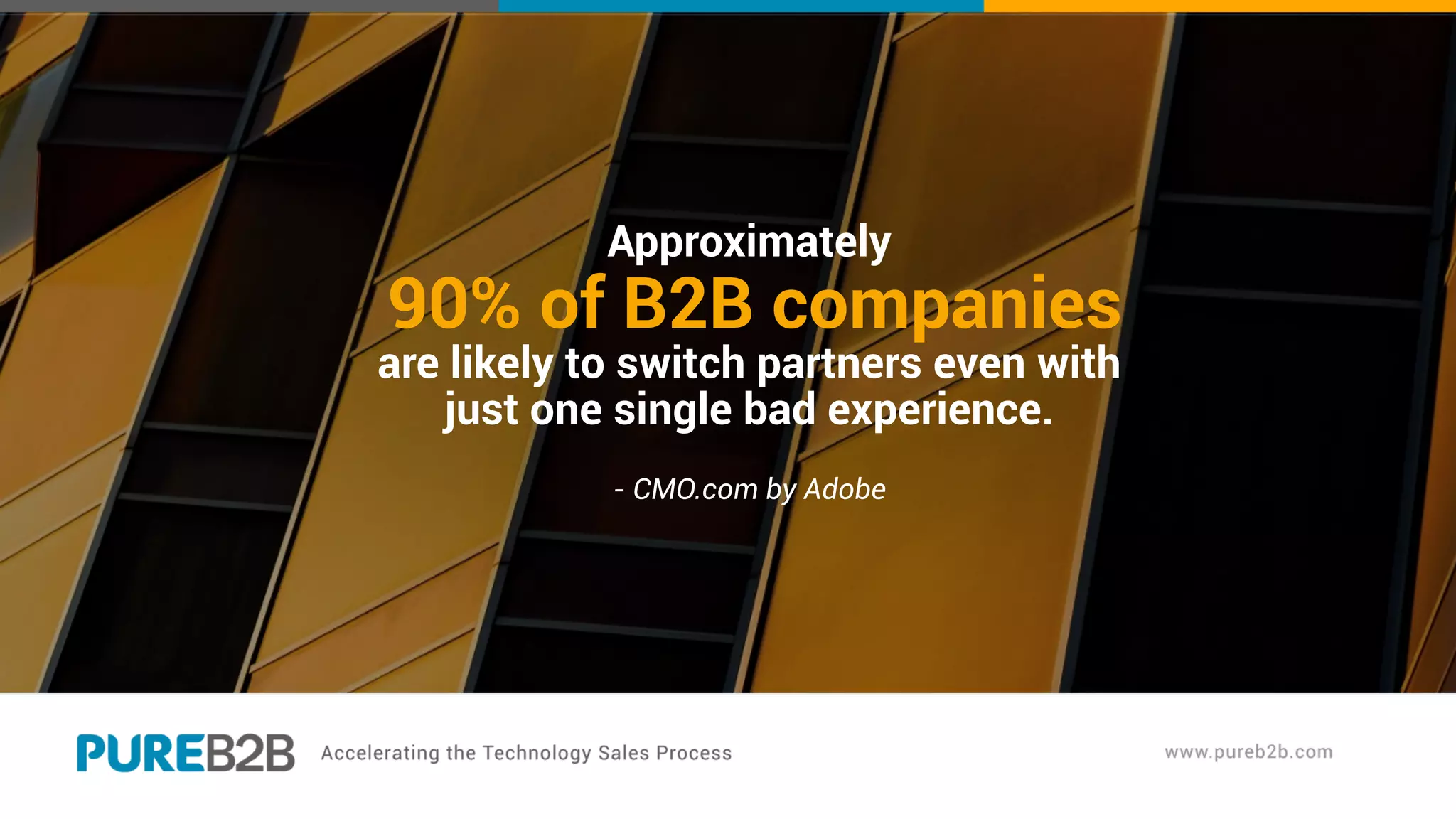 Approximately
90% of B2B companies
are likely to switch partners even with
just one single bad experience.
- CMO.com by Adobe
 