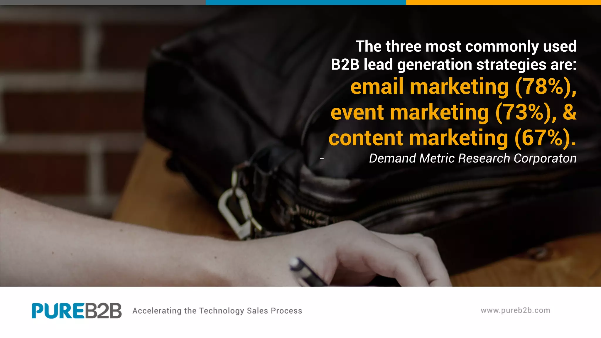 The three most commonly used
B2B lead generation strategies are:
email marketing (78%),
event marketing (73%), &
content marketing (67%).
- Demand Metric Research Corporaton
 
