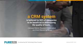 a CRM system
is believed by 84% of companies
to be beneficial in determining
the quality of leads.
- Demand Metric Research Corporation
via Direct Marketing News
 