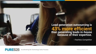Lead generation outsourcing is
43% more efficient
than generating leads in-house
because of their expertise.
- Fearless Competitor
 