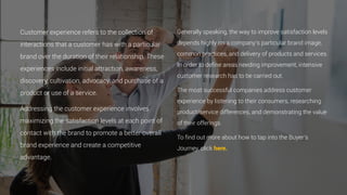 Customer experience refers to the collection of
interactions that a customer has with a particular
brand over the duration of their relationship. These
experiences include initial attraction, awareness,
discovery, cultivation, advocacy, and purchase of a
product or use of a service.
Addressing the customer experience involves
maximizing the satisfaction levels at each point of
contact with the brand to promote a better overall
brand experience and create a competitive
advantage.
Generally speaking, the way to improve satisfaction levels
depends highly on a company’s particular brand image,
common practices, and delivery of products and services.
In order to define areas needing improvement, intensive
customer research has to be carried out.
The most successful companies address customer
experience by listening to their consumers, researching
product/service differences, and demonstrating the value
of their offerings.
To find out more about how to tap into the Buyer’s
Journey, click here.
 