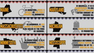 Maine: In Biddeford, riding a bicycle on any public sidewalks is prohibited. 

Maryland: In Rockville, it is a misdemeanor to use profane language within earshot of passers by.

Massachusetts: In Cambridge, a $50 permit is required to play soccer in the park on Sundays. 

Michigan: Being drunk on a train is prohibited.

Minnesota: In Minnetonka, it is a misdemeanor to enter a massage parlor after 6pm.

Mississippi: Purposely disturbing church service is punishable by up

 