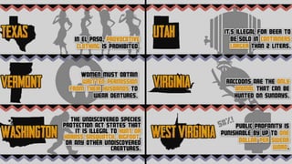 Texas: In El Paso, provocative clothing is prohibited.

Utah: it’s illegal for beer to be sold in containers larger than 2 liters.

Vermont: Women must obtain written permission from their husbands to wear dentures.

Virginia: Raccoons are the only animal that can be hunted on Sundays.

Washington: The undiscovered species protection act states that it is illegal to hunt or harass sasquatch, bigfoot, or any other undiscovered creatures.

West Virginia: Public profanity is punishable by up to one dollar per swear word.

 