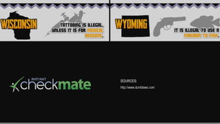 Wisconsin: Tattooing is illegal unless it is for medical reasons. 

Wyoming: It is illegal to use a ﬁrearm to ﬁsh.

 