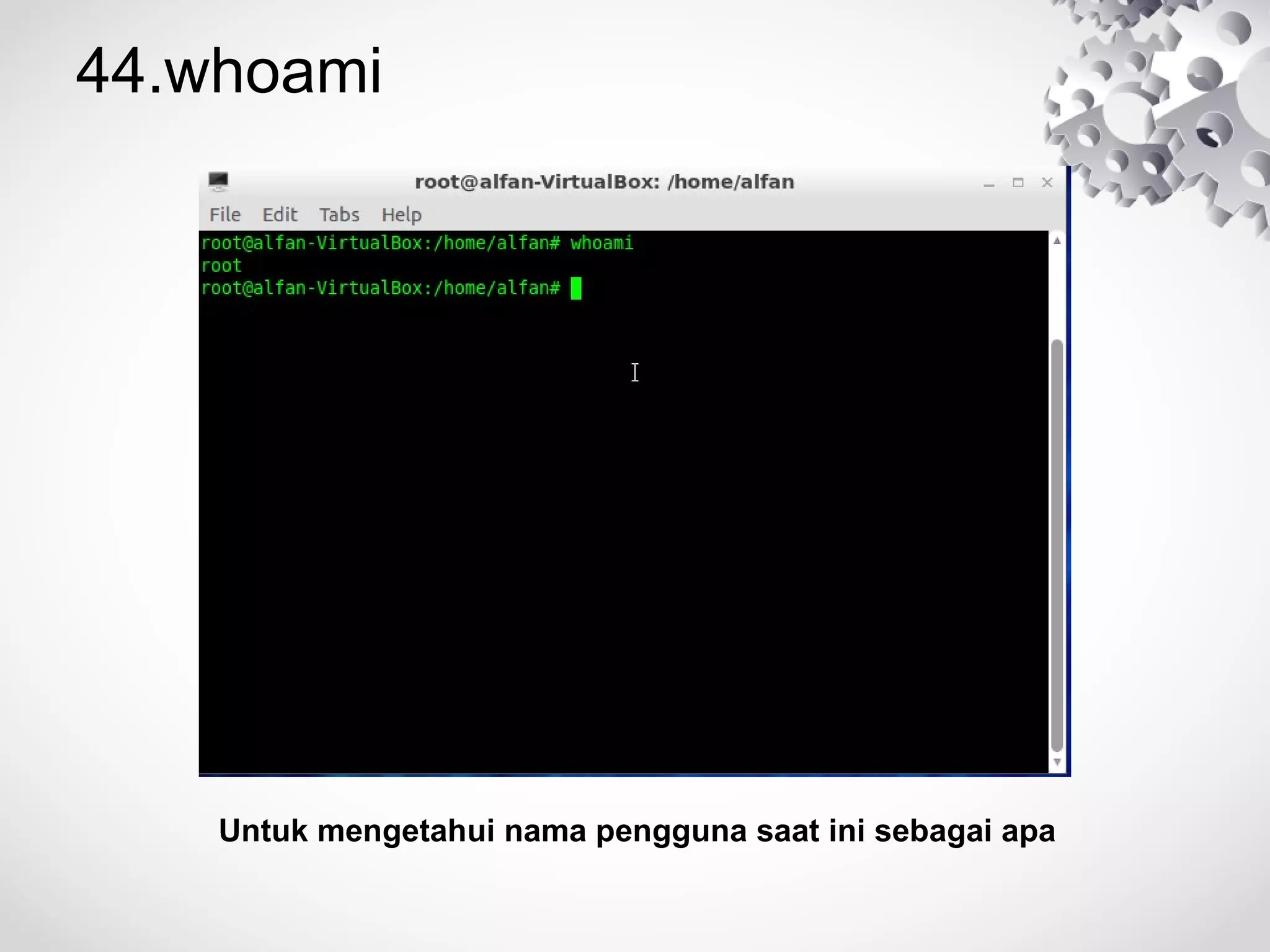 44.whoami
Untuk mengetahui nama pengguna saat ini sebagai apa
 