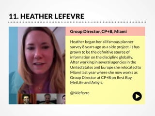 11. HEATHER LEFEVRE
Group Director, CP+B, Miami

Heather began her all famous planner
survey 8 years ago as a side project. It has
grown to be the deﬁnitive source of
information on the discipline globally. 
After working in several agencies in the
United States and Europe she relocated to
Miami last year where she now works as
Group Director at CP+B on Best Buy,
MetLife and Arby's.

@hklefevre

 