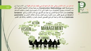 May 5, 2019
Q2
•‫إ‬ ‫دور‬ ‫مو‬‫م‬‫ه‬ ‫ما‬‫م‬‫م‬‫مرو‬‫م‬‫المش‬ ‫دارة‬‫مراكهم‬‫م‬‫اش‬ ‫متم‬‫م‬‫ي‬ ‫مف‬‫م‬‫وكي‬ ‫مي‬‫م‬‫الزمن‬ ‫مامج‬‫م‬‫البرن‬ ‫مل‬‫م‬‫عم‬ ‫مي‬‫م‬‫؟‬‫االدارة‬ ‫دور‬‫من‬‫م‬‫م‬ ‫مدأ‬‫م‬‫يب‬
‫وض‬‫يذ‬ ‫التن‬ ‫طريقة‬Construction Methodology‫لكمل‬ ‫المطلوبة‬ ‫االنتاجية‬ ‫معدالت‬ ‫ومراجعة‬
‫مات‬‫م‬‫االحتياج‬ ‫م‬‫م‬‫وجمي‬ ‫مدات‬‫م‬‫والمع‬ ‫مد‬‫م‬‫بن‬‫ال‬ ‫أم‬ ‫مي‬‫م‬‫ذات‬ ‫مذ‬‫م‬‫ي‬ ‫تن‬ ‫مواء‬‫م‬‫س‬،‫مل‬‫م‬‫العم‬ ‫مرم‬‫م‬ ‫مد‬‫م‬‫وتحدي‬‫و‬‫مة‬‫م‬‫امكاني‬‫م‬‫م‬‫الت‬‫داخل‬
overlap‫المدة‬ ‫حسب‬‫الزمنية‬‫للمشرو‬،‫برنمامج‬ ‫لعممل‬ ‫االدارة‬ ‫مم‬ ‫التنسميق‬ ‫يتم‬ ‫حيث‬tentative/
level 2(‫المشرو‬ ‫اختالف‬ ‫وعوامل‬ ‫العمل‬ ‫وحجم‬ ‫الخبرة‬ ‫حسب‬ ‫التقدير‬ ‫طريق‬ ‫عن‬parametric
estimate)‫ثم‬‫ذلك‬ ‫بعد‬‫مراجعة‬‫ق‬ ‫ه‬ ‫وخال‬ ‫والتكاليف‬ ‫بالموارد‬ ‫المحمل‬ ‫صيلي‬ ‫الت‬ ‫البرنامج‬‫التقديم‬ ‫بل‬.
 