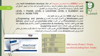 May 5, 2019
Q4
•‫الم‬ ‫هو‬ ‫ما‬(WBS)‫ممن‬ ‫يشممل‬ ‫ومماذا‬‫مسمتويات‬‫؟‬‫هيكمل‬ ‫همو‬work breakdown structure‫ويقموم‬
‫ب‬‫تقسيم‬‫متابعتها‬ ‫يمكن‬ ‫لوحدات‬ ‫المشرو‬‫و‬‫إ‬‫دارتها‬‫تج‬ ‫من‬ ‫بداية‬ ‫لمراحل‬ ‫التقسيم‬ ‫يتم‬ ‫وعادة‬ ،‫الموق‬ ‫هيز‬‫إلى‬
‫والتسليم‬ ‫يذ‬ ‫التن‬،‫ومستوياته‬‫مستويات‬ ‫أربعة‬ ‫هي‬ ‫الشائعة‬‫صيل‬ ‫الت‬ ‫من‬:
LEVEL 1: PHASE, LEVEL 2: LOCATION, LEVEL 3: ELEMENT, and
LEVEL 4:. WORK TYPE
‫الهيكل‬ ‫هذا‬ ‫يشتمل‬WBS‫مثل‬ ‫يذ‬ ‫التن‬ ‫مراحل‬ ‫على‬ ‫عادة‬:
‫التجهيممز‬Mobilization‫ثممم‬‫والتصمماري‬ ‫ممية‬‫م‬‫الهندس‬ ‫األعمممال‬Engineering and permits‫ممم‬‫م‬‫ث‬
‫المشتروات‬Procurement‫من‬‫أ‬‫الشمراء‬ ‫مر‬purchase order‫حتمى‬‫التوريمد‬‫للموقم‬delivery
on site‫ثم‬‫والمتابعة‬ ‫يذ‬ ‫التن‬execution & monitoring‫ثم‬‫االختبمار‬‫والتسمليم‬close out‫وقمد‬ ،
‫التخطيط‬ ‫العادة‬ ‫الحاالت‬ ‫بعض‬ ‫ي‬ ‫المتابعة‬ ‫تؤدي‬re-planning.
‫يستخدم‬ ‫قد‬CSI Master Format‫يستخدم‬ ‫تكويد‬ ‫نظام‬ ‫أنه‬ ‫حيث‬ ‫األنشطة‬ ‫وتكويد‬ ‫تقسيم‬ ‫ي‬‫بعمض‬ ‫ي‬
‫تقسيم‬ ‫ي‬ ‫المشاري‬divisions‫ات‬ ‫والمواص‬ ‫والرسومات‬ ‫الكميات‬ ‫جداول‬.
WBS Levels (Project, Phase,
Location/building-floor, Trade)
 