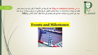 May 5, 2019
Q12 •‫هي‬ ‫ما‬flag or milestone activity‫؟‬‫وتعبمر‬ ‫زمنية‬ ‫مدة‬ ‫لها‬ ‫يكون‬ ‫ال‬ ‫األنشطة‬ ‫من‬ ‫النوعية‬ ‫هذه‬
‫بداية‬ ‫أو‬ ‫نهاية‬ ‫عن‬ ‫قط‬‫حدث‬‫ما‬‫الظهار‬ ‫تستخدم‬ ‫وقد‬ ،‫تاري‬‫تعاقدي‬‫أو‬ ‫مرحلمة‬ ‫تماري‬ ‫أو‬‫موعم‬‫د‬‫همام‬
‫ي‬ ‫مؤثر‬‫المشرو‬‫المشرو‬ ‫أعمال‬ ‫هيكل‬ ‫بداية‬ ‫ي‬ ‫صل‬ ‫من‬ ‫قسم‬ ‫ي‬ ‫عادة‬ ‫وتضاف‬ ،WBS.
Events and Milestones
 