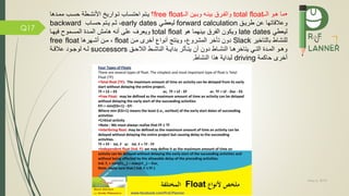 May 5, 2019
Q17
•‫الم‬ ‫همو‬ ‫ما‬total float‫الم‬ ‫وبمين‬ ‫بينمه‬ ‫مرم‬ ‫وال‬free float‫؟‬‫مممدها‬ ‫حسمب‬ ‫األنشمطة‬ ‫تمواري‬ ‫احتسماب‬ ‫يمتم‬
‫طريمق‬ ‫عن‬ ‫وعالقاتها‬forward calculation‫ليعطمي‬early dates‫حسماب‬ ‫يمتم‬ ‫ثمم‬ ،backward
‫ليعطي‬late dates‫هو‬ ‫بينهما‬ ‫رم‬ ‫ال‬ ‫ويكون‬total float‫أنه‬ ‫على‬ ‫ويعرف‬‫هامش‬‫الممدة‬‫يهما‬ ‫المسمموح‬
‫بالتاخير‬ ‫للنشاط‬Slack‫ممن‬ ‫أخر‬ ‫أنوا‬ ‫وينتج‬ ، ‫المشرو‬ ‫تاخر‬ ‫دون‬float‫أشمهرها‬ ‫ممن‬ ،free float
‫مق‬‫م‬‫الالح‬ ‫مط‬‫م‬‫الناش‬ ‫مة‬‫م‬‫بداي‬ ‫ماثر‬‫م‬‫يت‬ ‫أن‬ ‫دون‬ ‫ماط‬‫م‬‫النش‬ ‫ما‬‫م‬‫يتاخره‬ ‫مي‬‫م‬‫الت‬ ‫مدة‬‫م‬‫الم‬ ‫مو‬‫م‬‫وه‬successors‫مه‬‫م‬‫ل‬‫مة‬‫م‬‫عالق‬ ‫مود‬‫م‬‫لوج‬
‫حاكمة‬ ‫أخر‬driving‫ل‬‫بداية‬‫هذا‬‫النشاط‬.
 