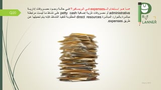 May 5, 2019
Q20
•‫ممم‬‫م‬‫ال‬ ‫مممتخدام‬‫م‬‫اس‬ ‫مممو‬‫م‬‫ه‬ ‫ممما‬‫م‬‫م‬expenses‫يرا؟‬ ‫ممما‬‫م‬‫البريم‬ ‫مممي‬‫م‬‫ات‬ ‫مممرو‬‫م‬‫مص‬ ‫مممود‬‫م‬‫وج‬ ‫مممة‬‫م‬‫حال‬ ‫مممي‬‫م‬‫مممة‬‫م‬‫إداري‬
administrative‫ات‬ ‫مرو‬‫م‬‫مص‬ ‫أو‬‫مة‬‫م‬‫نثري‬‫ية‬ ‫ما‬‫م‬‫إض‬petty cash‫مى‬‫م‬‫عل‬‫ماط‬‫م‬‫نش‬‫ما‬‫م‬‫م‬‫مة‬‫م‬‫مرتبط‬ ‫مت‬‫م‬‫ليس‬
‫المباشمرة‬ ‫بمالموارد‬ ‫مباشمرة‬direct resources‫النشماط‬ ‫يمذ‬ ‫لتن‬ ‫المطلوبمة‬،‫إنمه‬‫يمتم‬‫عم‬ ‫تحميلهما‬‫ن‬
‫طريق‬expenses.
 