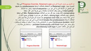 May 5, 2019
Q26
•‫رم‬ ‫ال‬ ‫ما‬‫بين‬‫للبرنامج‬ ‫الجدولة‬ ‫طرم‬Progress Override, Retained Logic‫؟‬‫ي‬‫حالة‬
‫بخيار‬ ‫التحديث‬Retained Logic‫ي‬‫تم‬‫اظ‬ ‫االحت‬‫السابقة‬ ‫بالعالقات‬predecessors‫ويتم‬‫تطبيقها‬
‫غير‬ ‫ي‬ ‫بدأ‬ ‫الذي‬ ‫النشاط‬ ‫من‬ ‫المتبقي‬ ‫على‬‫دوره‬out of sequence،‫النشاط‬ ‫مدة‬ ‫وتعتبر‬
Interruptible‫ظا‬ ‫تح‬ ‫أكثر‬ ‫تعتبر‬ ‫طريقة‬ ‫وهي‬ ،‫استكماله‬ ‫ثم‬ ‫النشاط‬ ‫توقف‬ ‫يمكن‬ ‫أي‬
conservative‫العالقات‬ ‫من‬ ‫عدد‬ ‫أقل‬ ‫عمل‬ ‫ضل‬ ‫ي‬ ‫لذلك‬ ،Min. Relationships‫ظ‬ ‫تحت‬ ‫التي‬
‫بالعالقات‬ ‫وتهتم‬ ‫بالمنطق‬strong logic‫حدوث‬ ‫عدم‬ ‫على‬ ‫اظ‬ ‫والح‬ ،loop‫األحوال‬ ‫جمي‬ ‫ي‬.
‫ي‬ ‫أما‬‫حالة‬‫خيار‬ ‫استخدام‬progress over-ride‫بكسر‬ ‫يقوم‬ ‫إنه‬ ‫الزمني‬ ‫البرنامج‬ ‫تحديث‬ ‫عند‬
‫السابقة‬ ‫العالقات‬breaks the predecessors‫غير‬ ‫ي‬ ‫بدأ‬ ‫الذي‬ ‫للنشاط‬،‫دوره‬‫مدة‬ ‫اعتبار‬ ‫ويتم‬
‫النشاط‬Continuous duration‫يست‬ ‫ثم‬ ‫يتوقف‬ ‫أن‬ ‫يمكن‬ ‫ال‬ ‫يبدا‬ ‫أن‬ ‫حال‬ ‫ي‬ ‫النشاط‬ ‫أن‬ ‫بمعنى‬، ‫كمل‬
‫النهاية‬ ‫حتى‬ ‫يستمر‬ ‫ولكن‬proceed continuously until finish‫بناء‬ ‫حالة‬ ‫ي‬ ‫وتستخدم‬ ،
‫اختيارية‬ ‫عالقات‬ ‫على‬ ‫البرنامج‬discretionary/ soft logic.
Progress Override Retained Logic
 