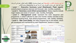 May 5, 2019
Q31
•‫اصميلها؟‬ ‫وت‬ ‫التقمارير‬ ‫مسمتويات‬ ‫همي‬ ‫ما‬‫بمسمتويات‬ ‫شمبيهة‬ ‫همي‬WBS‫و‬‫المدرجات‬ ‫مي‬ ‫عنهما‬ ‫تختلمف‬ ‫لكنهما‬
‫الهرمية‬ ‫الدرجة‬ ‫وليس‬ ‫صيل‬ ‫الت‬ ‫مستو‬ ‫على‬ ‫تعتمد‬ ‫أنها‬ ‫حيث‬hierarchy‫و‬‫بيانها‬‫كالتالي‬:
• Level 1 – Executive Summary Level (Dashboard, Flash report):
overall project progress/ planned and forecast, rate: monthly, quarterly.
• Level 2 – Summary Level (Client presentation): Status reports include
major trades and areas of concern, rate: monthly, fortnightly.
• Level 3 – Management Level: represent the work sequence and
programme, in detail sufficient to plan and monitor weekly activities at the
contractor working level, ‘look ahead programmes’, rate: weekly, biweekly.
• Level 4 – Site Level (Daily): the daily progress log or tick-sheets, which
are developed and maintained by each department, section or trade.
 