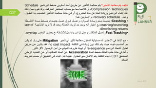 May 5, 2019
Q37
•‫التاخير؟‬ ‫معالجة‬ ‫يتم‬ ‫كيف‬‫يتم‬‫التاخير‬ ‫معالجة‬‫عن‬‫طريمق‬‫أحمد‬‫أسملوبي‬‫ضمغط‬‫البرنمامج‬Schedule
Compression Techniques،‫المتوقعة‬ ‫المخاطر‬ ‫حساب‬ ‫م‬ ‫معا‬ ‫كالهما‬ ‫أو‬ ،‫بعمل‬ ‫نقوم‬ ‫وقد‬‫ذلك‬
‫البرنامج‬ ‫إنشاء‬ ‫عند‬، ‫المشمرو‬ ‫مدة‬ ‫عن‬ ‫المدة‬ ‫وزيادة‬‫أو‬‫ال‬ ‫بمه‬ ‫المتسمبب‬ ‫التماخير‬ ‫معالجمة‬ ‫حالمة‬ ‫مي‬‫مقماول‬
‫وعمل‬recovery schedule‫هما‬ ‫واألسلوبين‬ ،:
•Crashing:‫مممادة‬‫م‬‫زي‬ ‫مممتم‬‫م‬‫ي‬ ‫مممث‬‫م‬‫بحي‬‫ممموارد‬‫م‬‫الم‬‫مممغط‬‫م‬‫وض‬ ‫مممدة‬‫م‬‫جدي‬ ‫مممل‬‫م‬‫عم‬ ‫مممرم‬‫م‬ ‫مممل‬‫م‬‫وعم‬‫مممدة‬‫م‬‫م‬‫مممطة‬‫م‬‫االنش‬
crashing/crunching‫االنتاجيمة‬ ‫تزيد‬ ‫ال‬ ‫قد‬ ‫وبعده‬ ‫العمالة‬ ‫لزيادة‬ ‫حد‬ ‫يوجد‬ ‫أنه‬ ‫اعتبار‬ ‫م‬law of
diminishing returns.
•Fast Tracking:‫البعض‬ ‫بعضها‬ ‫م‬ ‫لننشطة‬ ‫وتداخل‬ ‫تزامن‬ ‫وعمل‬ ‫العالقات‬ ‫تعديل‬overlap.
-‫م‬‫تاخير‬ ‫أي‬ ‫تاثير‬ ‫معالجة‬ ‫المقاول‬ ‫مسئولية‬ ‫أنه‬ ‫االعتبار‬ ‫ي‬ ‫األخذ‬Mitigation‫يكمن‬ ‫لمم‬ ‫ولو‬ ‫حتى‬
‫مة‬ ‫التكل‬ ‫مي‬ ‫زيمادة‬ ‫دون‬ ‫ذلمك‬ ‫يمتم‬ ‫حيمث‬ ،‫يمه‬ ‫المتسمبب‬ ‫هو‬no cost impact‫؛‬‫طريمق‬ ‫عمن‬ ‫يكمون‬ ‫قمد‬
‫البرنامج‬ ‫أنشطة‬ ‫تعديل‬re-sequence‫تاثير‬ ‫ألقل‬ ‫الوصول‬ ‫أجل‬ ‫من‬ ‫الموق‬ ‫ظروف‬ ‫تهيئة‬ ‫أو‬.
-‫المدة‬ ‫ضغط‬ ‫المالك‬ ‫طلب‬ ‫حالة‬ ‫ي‬ ‫أما‬Acceleration‫عمن‬ ‫أو‬ ‫التعاقديمة‬ ‫الممدة‬ ‫عن‬‫ال‬‫ت‬‫مد‬‫يمد‬‫الزمنمي‬
‫المستحق‬EOT‫حسم‬ ‫أو‬ ‫التطبيمق‬ ‫مي‬ ‫البمدء‬ ‫قبمل‬ ‫عليهما‬ ‫المقماول‬ ‫مم‬ ‫مام‬ ‫االت‬ ‫يمتم‬ ‫مة‬ ‫التكل‬ ‫هذه‬ ،‫شمروط‬ ‫ب‬
‫التعاقد‬.
 