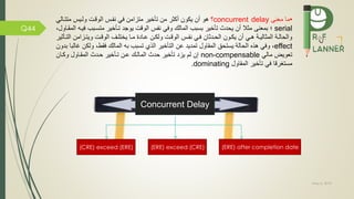May 5, 2019
Q44
•‫معنى‬ ‫ما‬concurrent delay‫؟‬‫متتم‬ ‫ولميس‬ ‫الوقمت‬ ‫مس‬ ‫ن‬ ‫ي‬ ‫متزامن‬ ‫تاخير‬ ‫من‬ ‫أكثر‬ ‫يكون‬ ‫أن‬ ‫هو‬‫الي‬
serial‫تماخير‬ ‫يوجد‬ ‫الوقت‬ ‫س‬ ‫ن‬ ‫ي‬ ‫و‬ ‫المالك‬ ‫بسبب‬ ‫تاخير‬ ‫يحدث‬ ‫أن‬ ‫مثال‬ ‫بمعنى‬ ‫؛‬‫متسمبب‬‫يمه‬،‫المقماول‬
‫ا‬ ‫مزامن‬‫م‬‫ويت‬ ‫مت‬‫م‬‫الوق‬ ‫مف‬‫م‬‫يختل‬ ‫ما‬‫م‬‫م‬ ‫مادة‬‫م‬‫ع‬ ‫من‬‫م‬‫ولك‬ ‫مت‬‫م‬‫الوق‬ ‫مس‬‫م‬ ‫ن‬ ‫مي‬‫م‬ ‫مدثان‬‫م‬‫الح‬ ‫مون‬‫م‬‫يك‬ ‫أن‬ ‫مي‬‫م‬‫ه‬ ‫مة‬‫م‬‫المثالي‬ ‫مة‬‫م‬‫والحال‬‫ماثير‬‫م‬‫لت‬
effect،‫عن‬ ‫تمديد‬ ‫المقاول‬ ‫يستحق‬ ‫الحالة‬ ‫هذه‬ ‫ي‬ ‫و‬‫الذي‬ ‫التاخير‬‫المالك‬ ‫به‬ ‫تسبب‬،‫قط‬‫ولك‬‫ن‬‫بدون‬ ‫غالبا‬
‫مالي‬ ‫تعويض‬non-compensable‫وكمان‬ ‫المقماول‬ ‫حمدث‬ ‫تماخير‬ ‫عمن‬ ‫المالمك‬ ‫حدث‬ ‫تاخير‬ ‫يزد‬ ‫لم‬ ‫إن‬
‫المقاول‬ ‫تاخير‬ ‫ي‬ ‫مستغرقا‬dominating.
(ERE) exceed (CRE)(CRE) exceed (ERE) (ERE) after completion date
Concurrent Delay
 