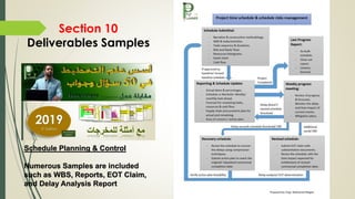 Schedule Planning & Control
Numerous Samples are included
such as WBS, Reports, EOT Claim,
and Delay Analysis Report
Section 10
Deliverables Samples
 