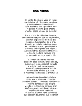 DOS NIDOS 
En frente de mi casa yace en ruinas 
un viejo torreón de cuatro esquinas, 
y en ese viejo torreón derruido 
tiene asentado una cigüeña el nido. 
¡Y parece mentira, pero enseña 
muchas cosas un nido de cigüeña! 
Por el borde del nido de mi cuento, 
donde reina una paz, que es un portento, 
asoman el pescuezo noche y día 
los zancudos cigüeños de la cría. 
Cuando los deja la cigüeña madre, 
les trae alimentos el cigüeño padre, 
y cuando con su presa ella regresa, 
vuela el padre a buscarles otra presa, 
y de este modo la zancuda cría 
en banquete perenne pasa el día. 
Estaba yo una tarde distraído 
desde mi casa contemplando el nido, 
cuando del campo regresó cargada 
la solícita madre apresurada. 
Presentó con orgullo ante su cría 
una culebra muerta que traía, 
y mientras sus hijuelos la trinchaban 
y defendiendo la ración luchaban, 
reventaba la madre de contenta, 
viendolos comer ... ¡y estaba hambrienta! 
¡Y cómo demostraba su alegría 
viendo el festín de su zancuda cría! 
¡Qué graznidos, que dulces aletazos 
y qué cariñositos picotazos 
les daba a aquellos hijos comilones 
que estaban devorando sus raciones! 
 