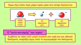 Συμβαίνει σε πάρα πολύ μικρό ποσοστό στο νερό και στα υδατικά
διαλύματα, επηρεάζει όμως πολύ τη συμπεριφορά του διαλύματος
Ο “αυτο-ιοντισμός” του νερού
Όμως λίγα (πολύ λίγα) μόρια νερού μέσα στο ποτήρι διασπώνται:
μόριο
νερού
(H2
O)
ιόν
υδρογόνου
(H+
)
ιόν
υδροξυλίου
(ΟH-
)
 