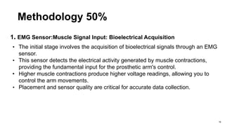 Methodology 50%
1. EMG Sensor:Muscle Signal Input: Bioelectrical Acquisition
• The initial stage involves the acquisition of bioelectrical signals through an EMG
sensor.
• This sensor detects the electrical activity generated by muscle contractions,
providing the fundamental input for the prosthetic arm's control.
• Higher muscle contractions produce higher voltage readings, allowing you to
control the arm movements.
• Placement and sensor quality are critical for accurate data collection.
16
 