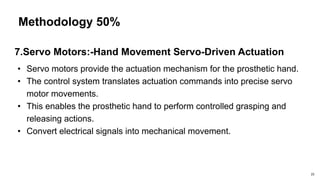 Methodology 50%
7.Servo Motors:-Hand Movement Servo-Driven Actuation
• Servo motors provide the actuation mechanism for the prosthetic hand.
• The control system translates actuation commands into precise servo
motor movements.
• This enables the prosthetic hand to perform controlled grasping and
releasing actions.
• Convert electrical signals into mechanical movement.
23
 