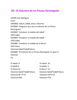 20.- El Volumen de un Prisma Rectangular
AUTOR Aixa Rodriguez
Inicio
VARIABLE lado A, ladoB, altura, Volumen
ESCRIBIR “Programa que saca el volumen de un Prisma
Rectangular”
ESCRIBIR “Introducir la medida del ladoA”
LEER ladoA
ESCRIBIR “Introducir la medida del ladoB”
LEER ladoB
ESCRIBIR “Introducir la medida de la altura”
LEER altura
Volumen=ladoA*ladoB*altura
ESCRIBIR “El Volumen de un Prisma Rectangular es igual a:”
Volumen
Fin
Si ladoA= 8 Si ladoA= 10
Si ladoB=4 Si ladoB= 5
Si altura=12 Si altura= 15
Volumen=ladoA*ladoB*altura Volumen=ladoA*ladoB*altura
Volumen=8*¨4*12 Volumen=10*5*15
Volumen=384 Volumen=750
 