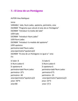 7.- El área de un Pentágono
AUTOR Aixa Rodriguez
Inicio
VARIABLE lado, Num.Lados, apotema, perímetro, area
ESCRIBIR “Programa que calcule el area de un Pentágono”
ESCRIBIR “introducir la media del lado”
LEER lado
ESCRIBIR “Introducir Num.Lados”
LEER Num.Lados
ESCRIBIR “Introducir la medida del apotema”
LEER apotema
perímetro=lado*Num.Lados
area=(perímetro*apotema)/2
ESCRIBIR “El area de un Pentágono es igual a:” area
Fin
Si lado= 8 Si lado=5
Si Num.Lados=5 Si Num.Lados=5
Si apotema=4 Si apotema=3
perímetro=lado*Num.Lados perímetro=lado*Num.Lados
perímetro= 8*5 perímetro=5*5
perímetro= 40 perímetro= 25
area=(perímetro*apotema)/2 area=(perímetro*apotema)/2
area= 40*4 area= 25*3
area=80 area= 37.5
 