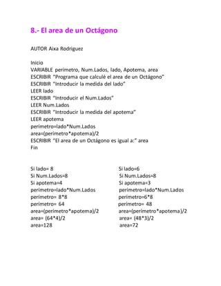 8.- El area de un Octágono
AUTOR Aixa Rodriguez
Inicio
VARIABLE perímetro, Num.Lados, lado, Apotema, area
ESCRIBIR “Programa que calculé el area de un Octágono”
ESCRIBIR “Introducir la medida del lado”
LEER lado
ESCRIBIR “Introducir el Num.Lados”
LEER Num.Lados
ESCRIBIR “Introducir la medida del apotema”
LEER apotema
perímetro=lado*Num.Lados
area=(perímetro*apotema)/2
ESCRIBIR “El area de un Octágono es igual a:” area
Fin
Si lado= 8 Si lado=6
Si Num.Lados=8 Si Num.Lados=8
Si apotema=4 Si apotema=3
perímetro=lado*Num.Lados perímetro=lado*Num.Lados
perímetro= 8*8 perímetro=6*8
perímetro= 64 perímetro= 48
area=(perímetro*apotema)/2 area=(perímetro*apotema)/2
area= (64*4)/2 area= (48*3)/2
area=128 area=72
 