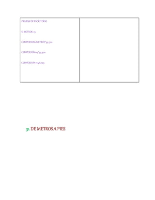 PRUEBADEESCRITORIO
SI METROS=19
CONVERSION=METROS*39.3701
CONVERSION=19*39.3701
CONVERSION=748.0319
31.DE METROSA PIES
 