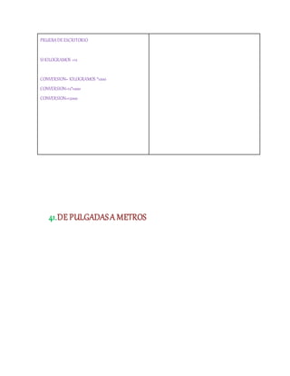 PRUEBADEESCRITORIO
SI KILOGRAMOS =12
CONVERSION= KILOGRAMOS *1000
CONVERSION=12*1000
CONVERSION=12000
41.DE PULGADASA METROS
 