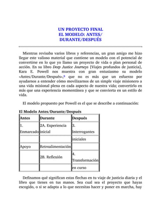 UN PROYECTO FINAL
EL MODELO: ANTES/
DURANTE/DESPUÉS
Mientras revisaba varios libros y referencias, un gran amigo me hizo
llegar este valioso material que contiene un modelo con el potencial de
convertirse en lo que yo llamo un proyecto de vida o plan personal de
acción. En su libro Deep Justice Journeys [Viajes profundos de justicia],
Kara E. Powell nos muestra con gran entusiasmo su modelo
«Antes/Durante/Después»,8 que no es más que un esfuerzo por
ayudarnos a entender cómo movilizarnos de un simple viaje misionero a
una vida misional plena en cada aspecto de nuestra vida; convertirlo en
más que una experiencia momentánea y que se convierta en un estilo de
vida.
El modelo propuesto por Powell es el que se describe a continuación:
El Modelo Antes/Durante/Después
Antes Durante Después
1.
Enmarcado
2A. Experiencia
inicial
3.
Interrogantes
iniciales
Apoyo Retroalimentación
2B. Reflexión
4.
Transformación
en curso
Definamos qué significan estas flechas en tu viaje de justicia diaria y el
libro que tienes en tus manos. Sea cual sea el proyecto que hayas
escogido, o si se adapta a lo que necesitas hacer y poner en marcha, hay
 