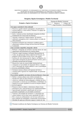 MINISTÉRIO DO AMBIENTE, DO ORDENAMENTO DO TERRITÓRIO E DO DESENVOLVIMENTO REGIONAL
SECRETARIA DE ESTADO DO ORDENAMENTO DO TERRITÓRIO E DAS CIDADES
DIRECÇÃO-GERAL DO ORDENAMENTO DO TERRITORIO E DESENVOLVIMENTO URBANO
Proposta do PNPOT – Sumário, Janeiro 2007 18/38
Desígnios, Opções Estratégicas e Modelo Territorial
Sistemas do Modelo Territorial
Desígnios e Opções Estratégicas
Riscos
Naturais e
Agro-Forestais
Urbano e de
Acessibilidades
Um espaço sustentável e bem ordenado
Preservar o quadro natural e paisagístico, em particular os
recursos hídricos, a zona costeira, a floresta e os espaços de
potencial agrícola
Gerir e valorizar as áreas classificadas integrantes da Rede
Fundamental de Conservação da Natureza
Articular o sistema de “espaços abertos” de natureza
ambiental e paisagística com o sistema urbano e as redes de
infra-estruturas
Estruturar nucleações que contrariem a tendência para a
urbanização contínua ao longo da faixa litoral de Portugal
Continental
Uma economia competitiva, integrada e aberta
Reforçar a integração do território nacional através de uma
organização mais policêntrica do sistema urbano
Valorizar o papel estratégico da Região Metropolitana de
Lisboa, da aglomeração urbano-industrial do Noroeste, do
polígono Leiria-Coimbra-Aveiro-Viseu e das regiões
turísticas de valia internacional do Algarve, da Madeira e de
outros pólos emergentes de desenvolvimento turístico, para a
afirmação internacional de Portugal
Desenvolver redes de conectividade internacional que
conjuguem as necessidades de integração ibérica e europeia
com a valorização da vertente atlântica e com a consolidação
de novas centralidades urbanas
Estruturar sistemas urbanos sub-regionais de forma a
constituir pólos regionais de competitividade, em particular
no interior
Um território equitativo em termos de desenvolvimento e bem-estar
Definir o sistema urbano como critério orientador do
desenho das redes de infra-estruturas e de equipamentos
colectivos, cobrindo de forma adequada o conjunto do País e
estruturando os sistemas de acessibilidades e mobilidades em
função de um maior equilíbrio no acesso às funções urbanas
de nível superior
Promover redes de cidades e subsistemas urbanos locais
policêntricos que, numa perspectiva de complementaridade e
especialização, permitam a qualificação dos serviços
prestados à população e às actividades económicas
Valorizar a diversidade dos territórios e a articulação dos
centros urbanos com as áreas rurais, garantindo em todo o
País o acesso ao conhecimento e aos serviços colectivos e
boas condições de mobilidade e comunicação, favorecendo a
liberdade de opção por diferentes espaços e modos de vida.
Principais incidências das Opções Estratégicas nos Sistemas do Modelo Territorial.
 