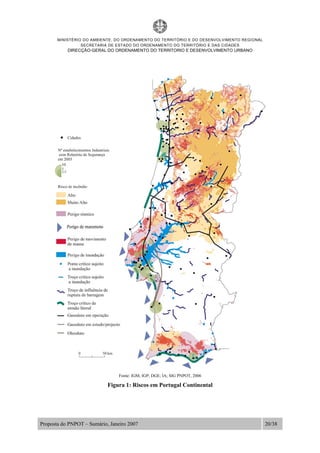 MINISTÉRIO DO AMBIENTE, DO ORDENAMENTO DO TERRITÓRIO E DO DESENVOLVIMENTO REGIONAL
SECRETARIA DE ESTADO DO ORDENAMENTO DO TERRITÓRIO E DAS CIDADES
DIRECÇÃO-GERAL DO ORDENAMENTO DO TERRITORIO E DESENVOLVIMENTO URBANO
Proposta do PNPOT – Sumário, Janeiro 2007 20/38
Fonte: IGM; IGP; DGE; IA; SIG PNPOT, 2006
Figura 1: Riscos em Portugal Continental
 
