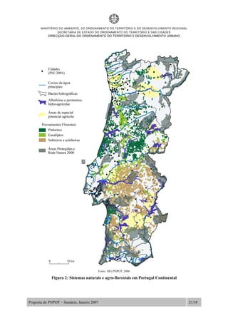 MINISTÉRIO DO AMBIENTE, DO ORDENAMENTO DO TERRITÓRIO E DO DESENVOLVIMENTO REGIONAL
SECRETARIA DE ESTADO DO ORDENAMENTO DO TERRITÓRIO E DAS CIDADES
DIRECÇÃO-GERAL DO ORDENAMENTO DO TERRITORIO E DESENVOLVIMENTO URBANO
Proposta do PNPOT – Sumário, Janeiro 2007 21/38
Fonte: SIG PNPOT, 2006
Figura 2: Sistemas naturais e agro-florestais em Portugal Continental
 