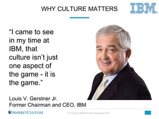 © Copyright MarketCulture Strategies 2016
WHY CULTURE MATTERS
Louis V. Gerstner Jr.
Former Chairman and CEO, IBM
“I came t...