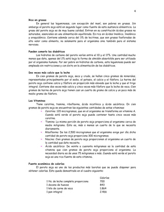 4


Rico en grasas
      En general las leguminosas, con excepción del maní, son pobres en grasas. Sin
embargo el poroto soja está en segundo lugar como fuente de esta sustancia alimenticia. La
grasa del poroto soja es de muy buena calidad. Entran en su constitución ácidos grasos no
saturados, esenciales en una alimentación equilibrada. Es rica en ácidos linoléico, linolénico
y araquidónico. Contiene además cerca del 3% de lecitinas, que son grasas fosforadas de
alto valor como alimento, no solamente para el organismo sino también para el sistema
nervioso.

Pueden comerlo los diabéticos
       Los hidratos de carbono del poroto varían entre el 10 y el 17%. Una cantidad mucho
menos que ésta, apenas del 2% está bajo la forma de almidón absorbible para ser utilizado
por el organismo humano. Por ser pobre en hidratos de carbono, esta leguminosa puede ser
empleada sin restricciones y con éxito en la alimentación de los diabéticos.

Dos veces más calcio que la leche
      En cien gramos de poroto soja, seco y crudo, se hallan cinco gramos de minerales,
representados principalmente por el sodio, el potasio, el calcio y el fósforo. La harina del
poroto soja contiene calcio y fósforo en proporción más elevada que la leche y que el trigo
integral. Contiene dos veces más calcio y cinco veces más fósforo que la leche de vaca. Cien
gramos de harina de poroto soja tienen casi un cuarto de gramo de calcio y un poco más de
medio gramo de fósforo.

Las Vitaminas
      Tiene carotina, tiamina, riboflavina, ácido nicotínico y ácido ascórbico. En cien
gramos de poroto soja se encuentran las siguientes cantidades de estas vitaminas:
          • Carotina: 120 microgramos, que en el organismo se transforma en vitamina A.
              Cuando está verde el poroto soja puede contener hasta cinco veces más
              carotina.
          • Tiamina: La misma porción de poroto soja proporciona al organismo cerca de
              medio miligramo. Esto es, más o menos un cuarto de lo que se necesita
              diariamente.
          • Riboflavina: De los 2,500 microgramos que el organismo exige por día dicha
              cantidad de poroto soja proporciona 300 microgramos.
          • Niacina: Cien gramos de poroto soja proporcionan al organismo un cuarto de
              la cantidad que éste necesita.
          • Ácido ascórbico: De veinte a cuarenta miligramos es la cantidad de esta
              vitamina que cien gramos de poroto soja proporciona al organismo. La
              necesidad diaria es de unos 75 miligramos o más. Cuando está verde el poroto
              soja es una rica fuente de esta vitamina.

Fuente económica de calorías
      El poroto soja es uno de los productos más baratos que se puede disponer para
obtener calorías. Esto queda demostrado en el cuadro siguiente:

                                                              Calorías
               1   lts. de leche completa proporciona         700
               1   docena de huevos                           843
               1   kilo de carne de vaca                      1.864
               1   pan integral                               2.466
 