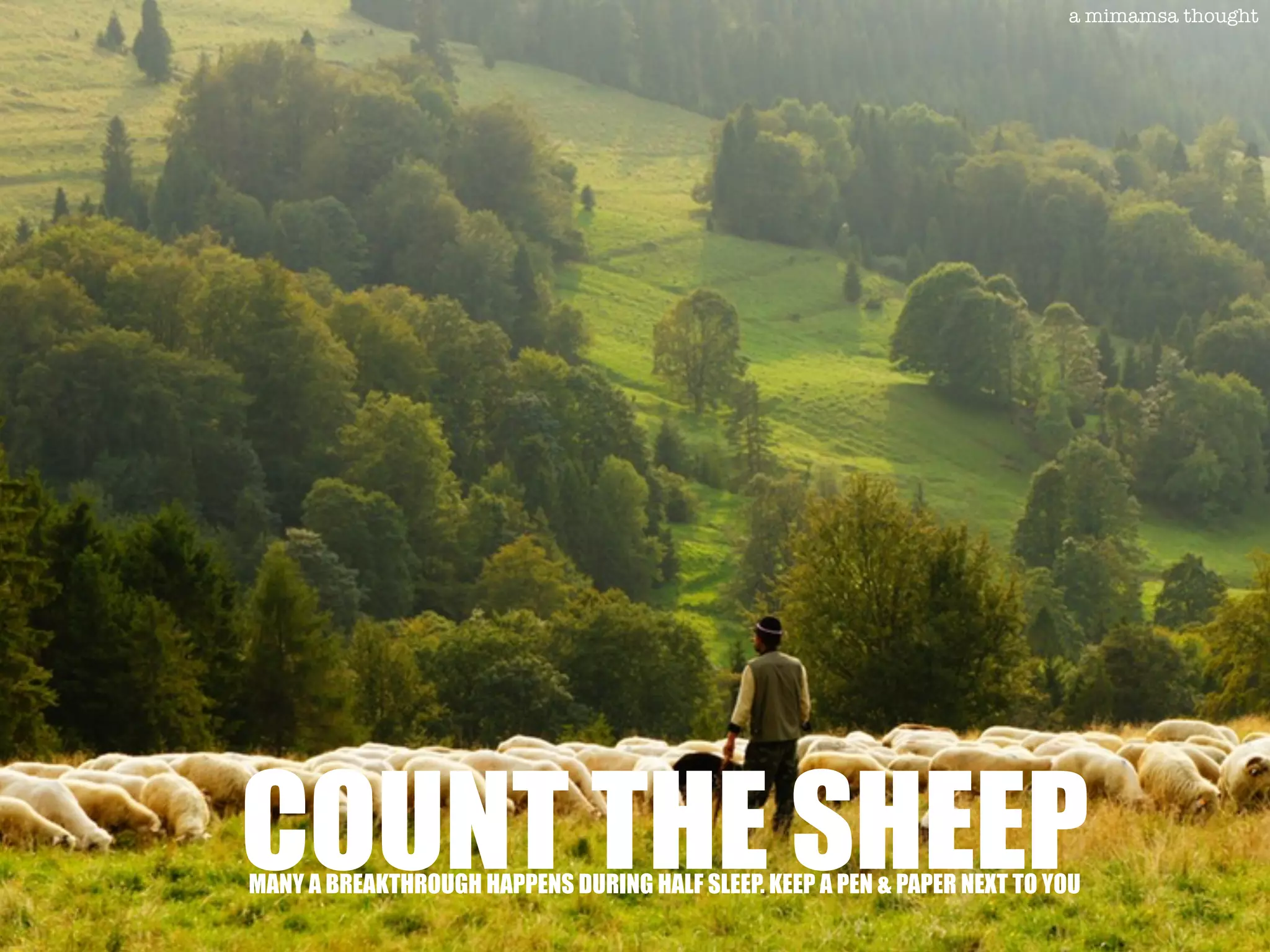 COUNT THE SHEEPMANY A BREAKTHROUGH HAPPENS DURING HALF SLEEP. KEEP A PEN & PAPER NEXT TO YOU
a mimamsa thought
 