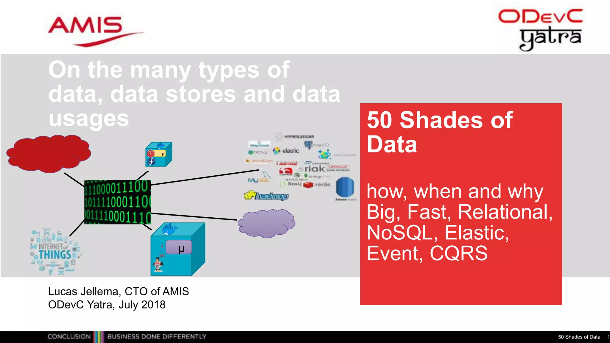 50 Shades of
Data
how, when and why
Big, Fast, Relational,
NoSQL, Elastic,
Event, CQRS
On the many types of
data, data stores and data
usages
50 Shades of Data 1
µ
µ
Lucas Jellema, CTO of AMIS
ODevC Yatra, July 2018
 