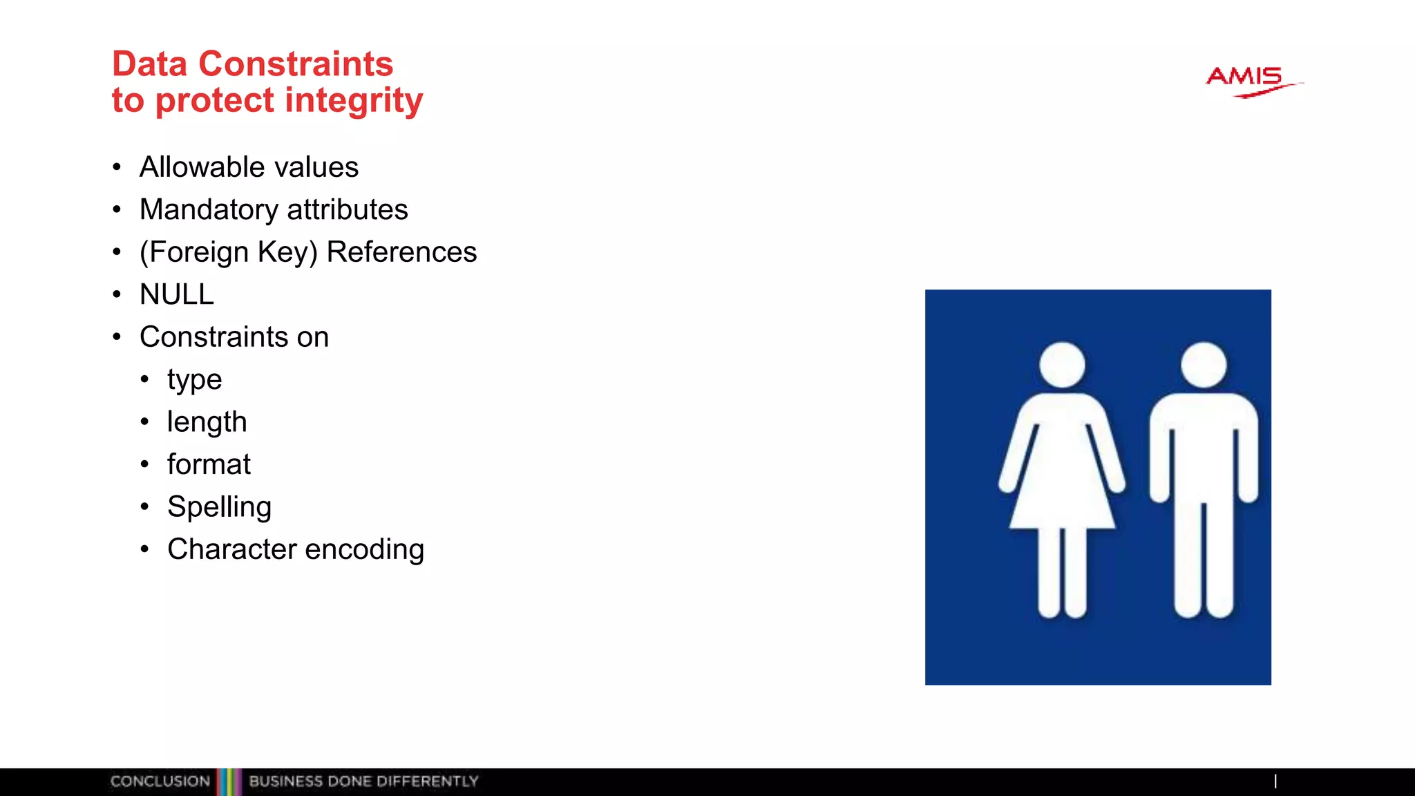 Data Constraints
to protect integrity
• Allowable values
• Mandatory attributes
• (Foreign Key) References
• NULL
• Constraints on
• type
• length
• format
• Spelling
• Character encoding
 