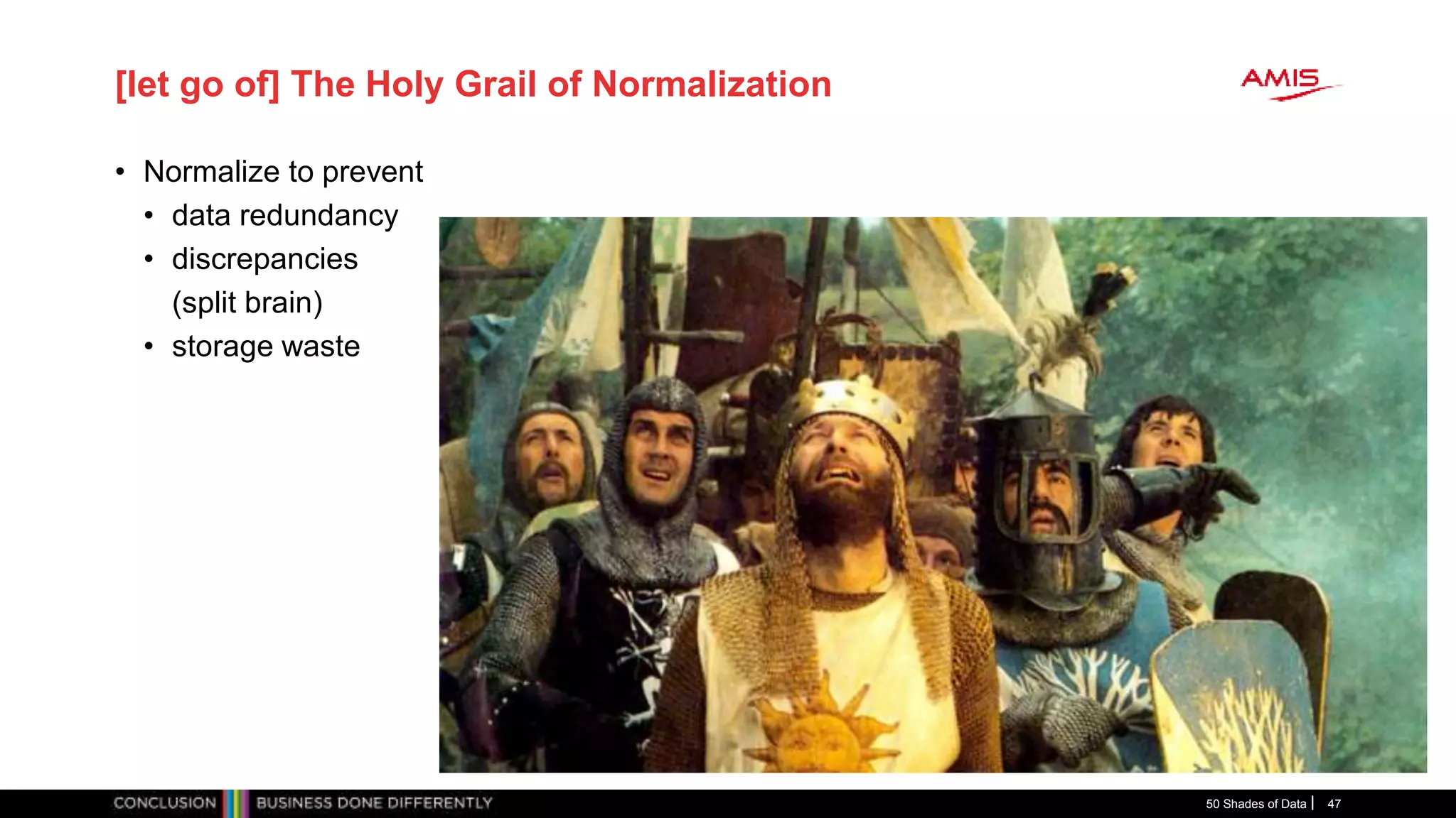 [let go of] The Holy Grail of Normalization
• Normalize to prevent
• data redundancy
• discrepancies
(split brain)
• storage waste
50 Shades of Data 47
 