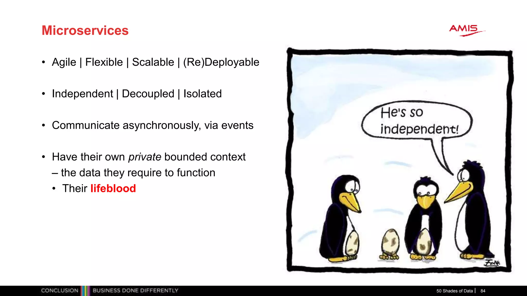 Microservices
• Agile | Flexible | Scalable | (Re)Deployable
• Independent | Decoupled | Isolated
• Communicate asynchronously, via events
• Have their own private bounded context
– the data they require to function
• Their lifeblood
50 Shades of Data 84
 
