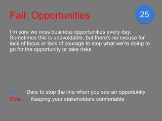 Fail: Opportunities                                    25

I’m sure we miss business opportunities every day.
Sometimes th...