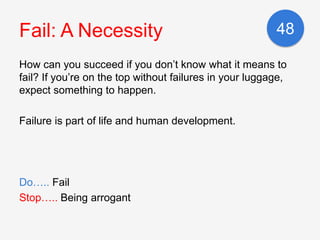 Fail: A Necessity                                        48

How can you succeed if you don’t know what it means to
fail? ...