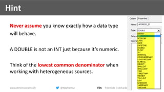 www.dimensionality.ch @Nephentur freenode | obihackers slide 12
Hint
Never assume you know exactly how a data type
will be...