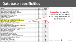 www.dimensionality.ch @Nephentur freenode | obihackers slide 16
Database specificities
Especially more specific
ones peopl...
